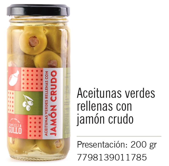 Gullo - Aceitunas Verdes Rellenas con Jamon Crudo - Frasco 200g
